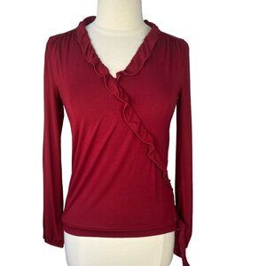 J Crew Merchantile Long Sleeve Shirt Womens XS Red New Ruffle Vneck